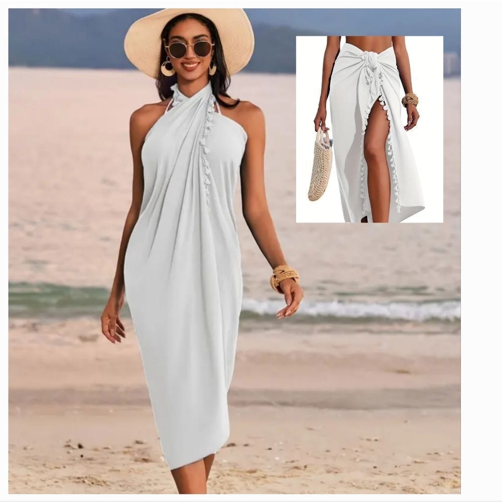 New! White Swimsuit Cover Up Halter Dress Saronge Skirt Fringe Tassel | Nwt